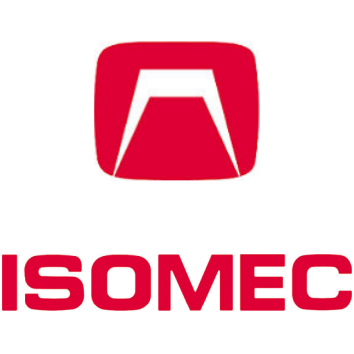 ISOMEC logo with red square and white triangle on a white background